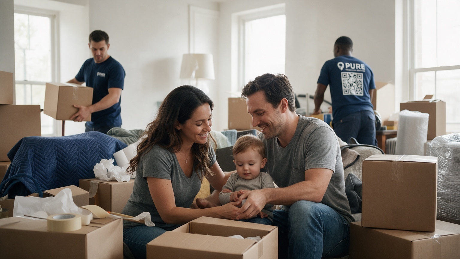 Family settling into a new home while a Pure crew completes delivery