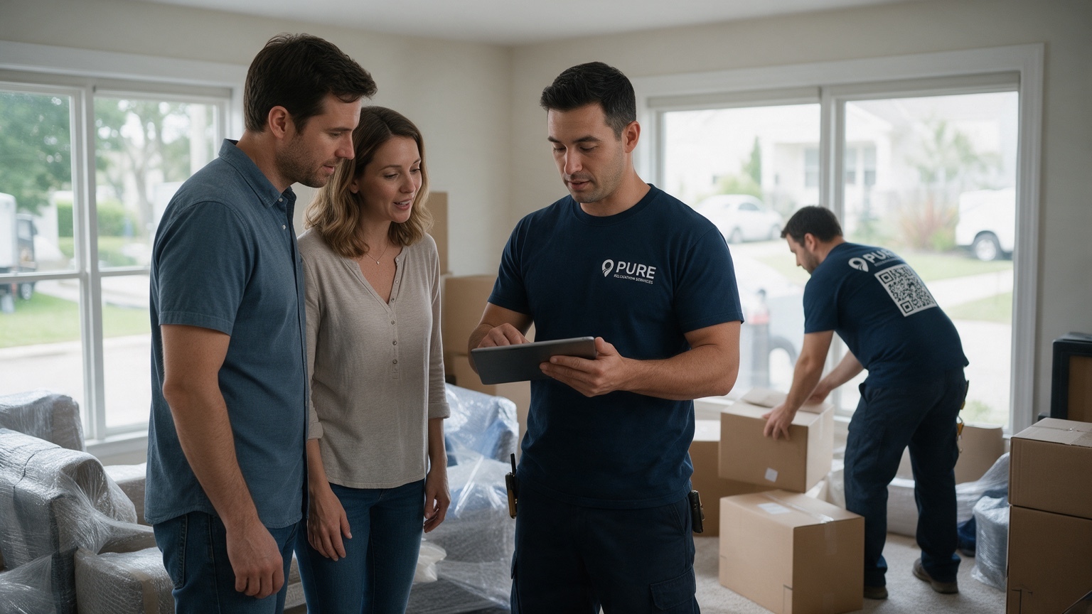 Family reviewing move details with a Pure relocation specialist