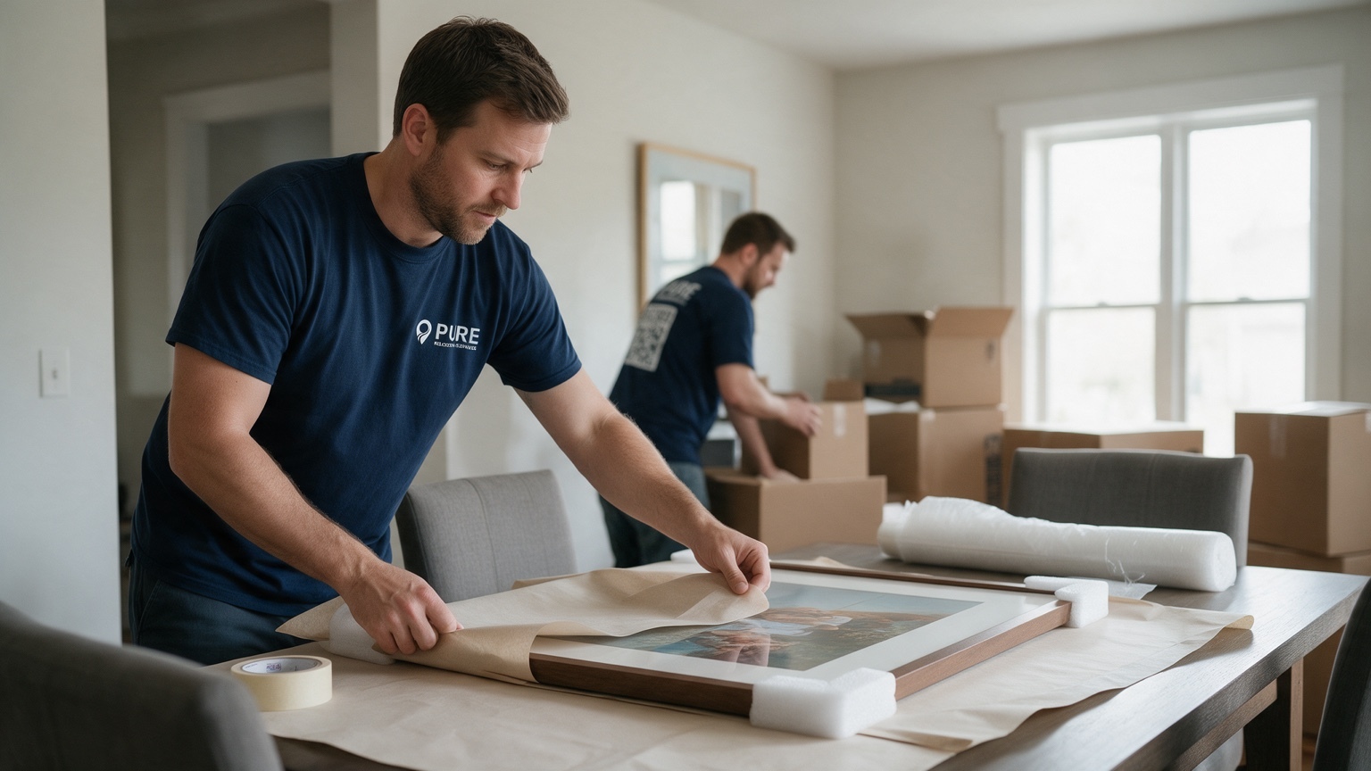 Pure mover carefully protecting a framed belonging for an interstate move